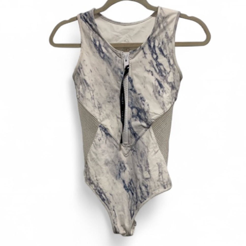 Varley Mesh Sides Marble Print Zip Up One Piece Swimsuit